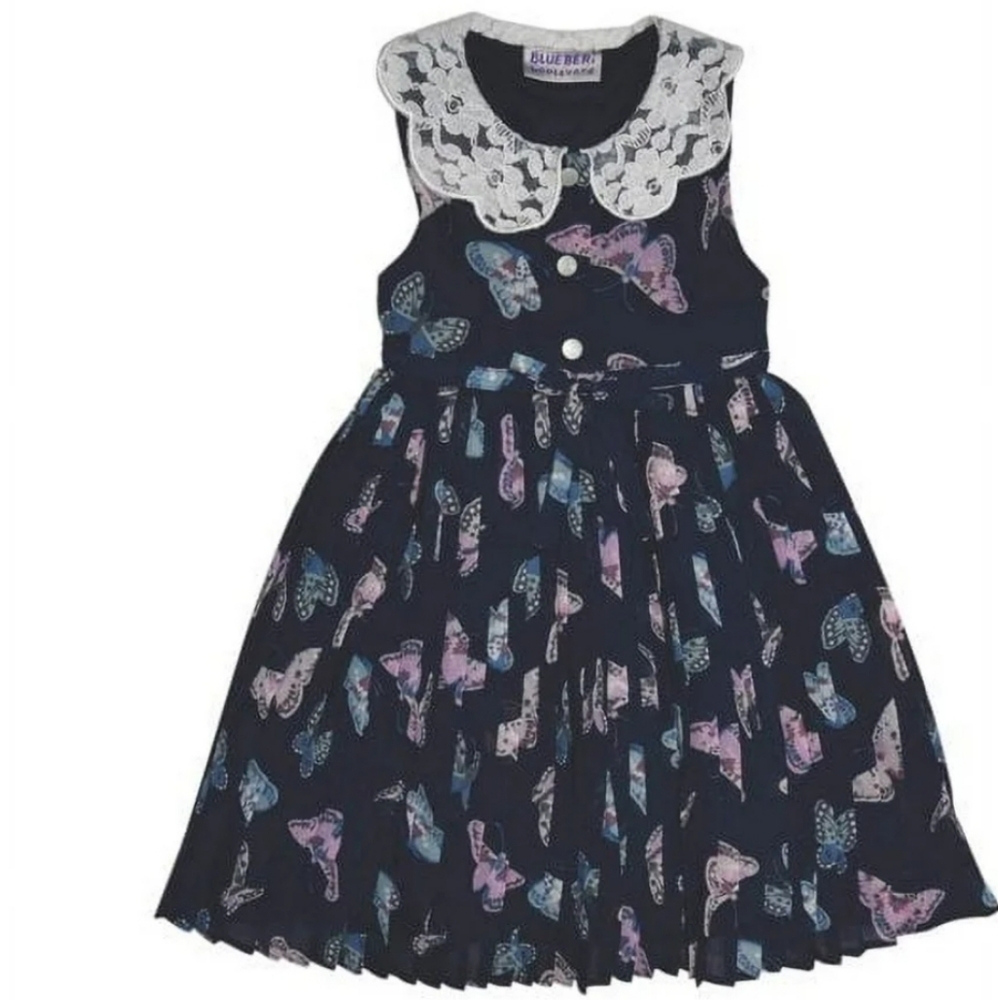 BABY‎ BERI Pleated Whimsical Dress Lace Collar Butterfly Navy Baby Girls 6-9 M